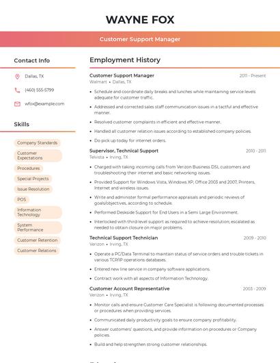 Customer Support Manager Resume