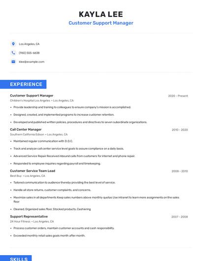 Customer Support Manager Resume