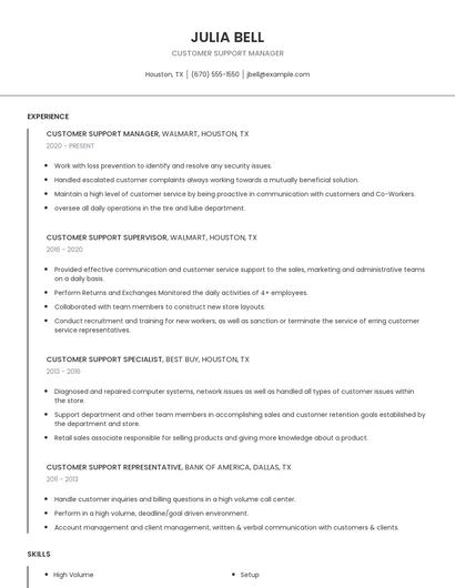 Customer Support Manager Resume