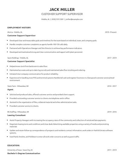 Customer Support Supervisor Resume
