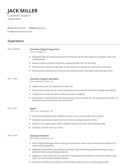 Customer Support Supervisor Resume