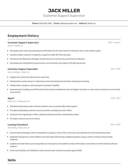 Customer Support Supervisor Resume