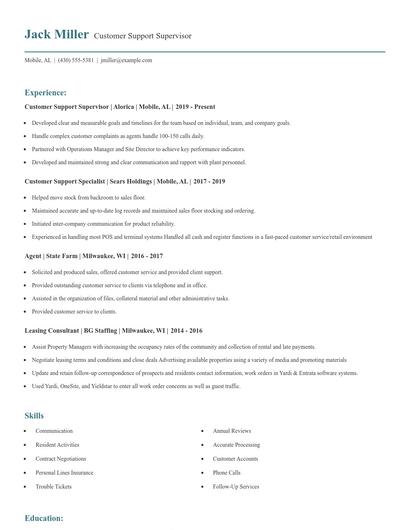 Customer Support Supervisor Resume