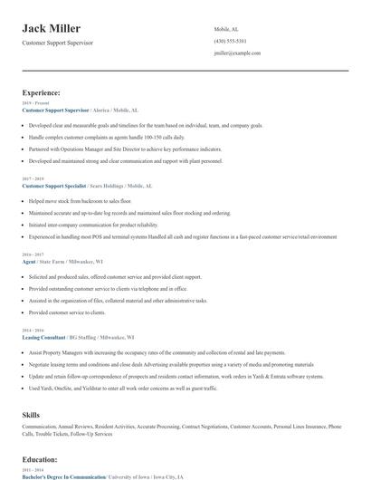 Customer Support Supervisor Resume
