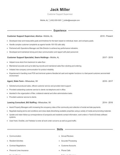 Customer Support Supervisor Resume