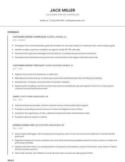 Customer Support Supervisor Resume