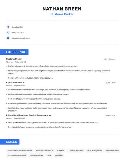 Customs Broker Resume