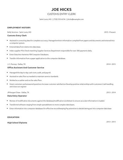 Customs Entry Clerk Resume