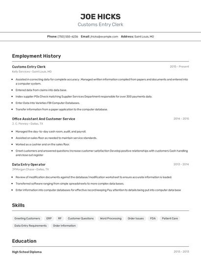 Customs Entry Clerk Resume