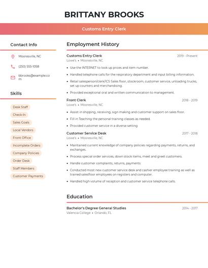 Customs Entry Clerk Resume