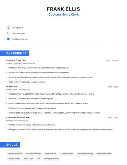 Customs Entry Clerk Resume