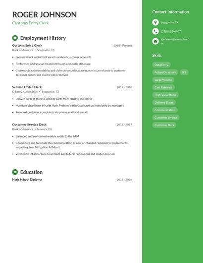 Customs Entry Clerk Resume