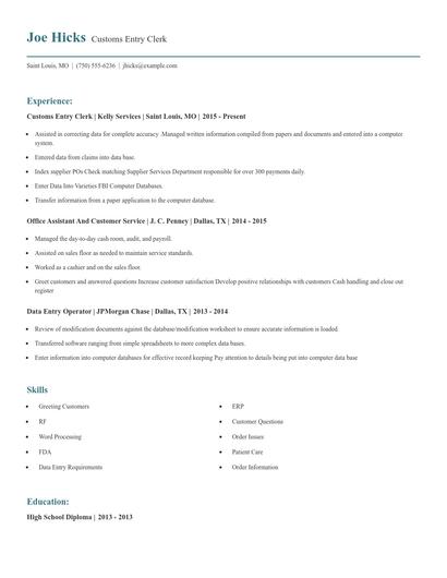 Customs Entry Clerk Resume