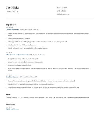 Customs Entry Clerk Resume