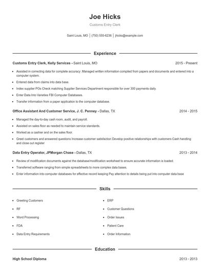 Customs Entry Clerk Resume