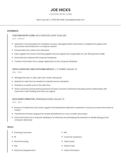 Customs Entry Clerk Resume