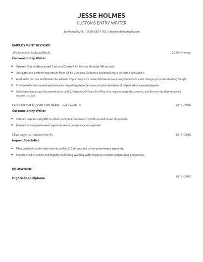 Customs Entry Writer Resume
