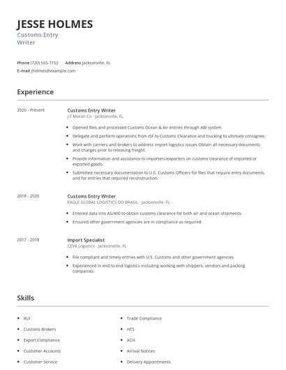 Customs Entry Writer Resume