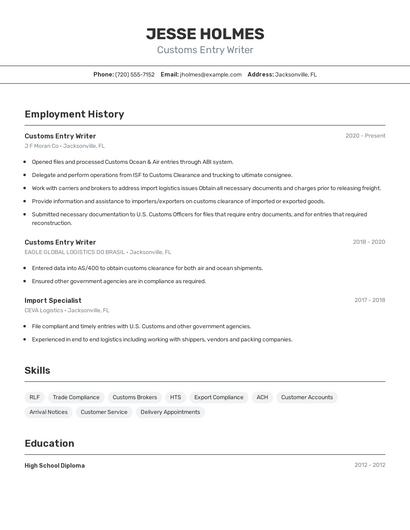 Customs Entry Writer Resume