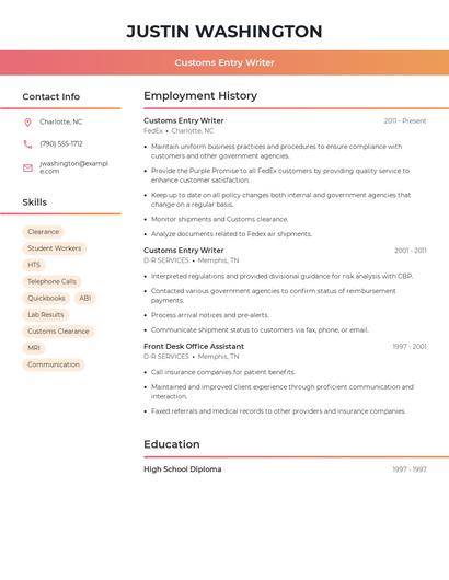 Customs Entry Writer Resume