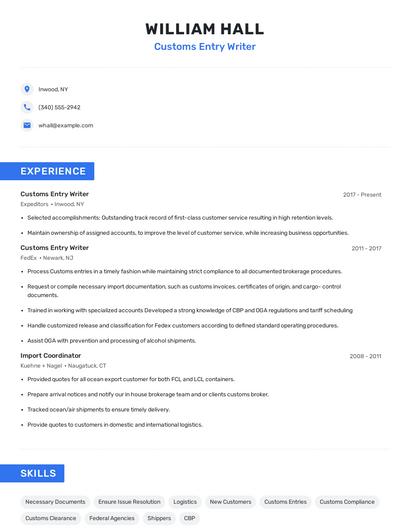Customs Entry Writer Resume