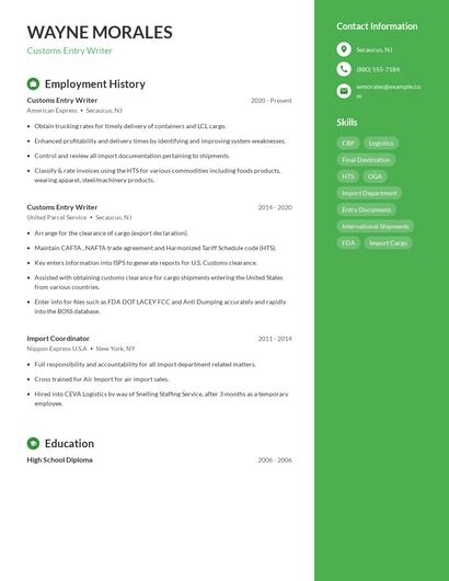Customs Entry Writer Resume