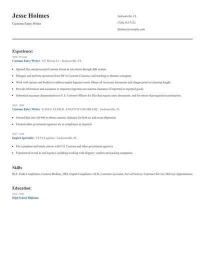 Customs Entry Writer Resume