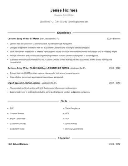 Customs Entry Writer Resume