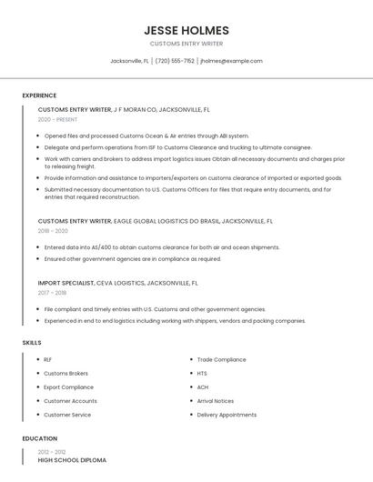 Customs Entry Writer Resume