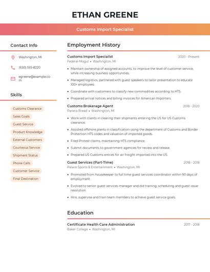 Customs Import Specialist Resume