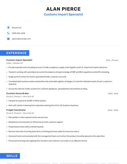 Customs Import Specialist Resume