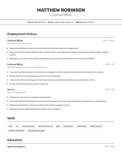 Customs Officer Resume