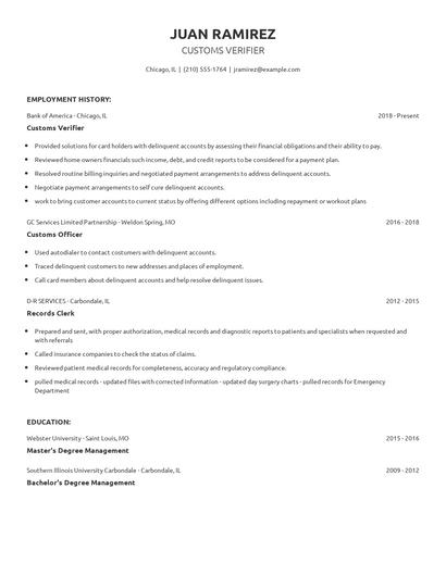Customs Verifier Resume