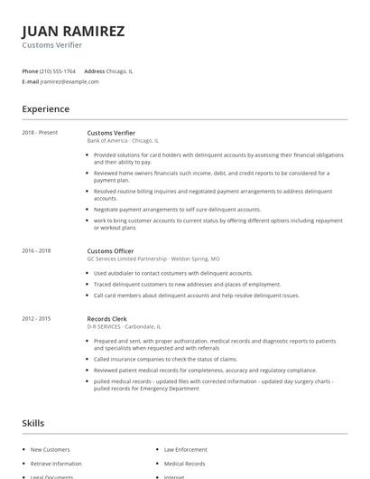 Customs Verifier Resume
