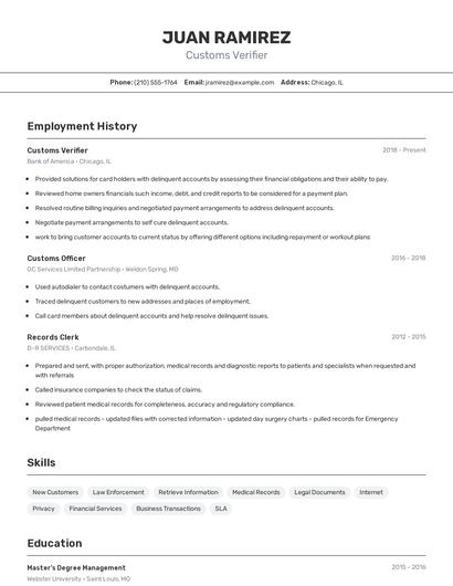 Customs Verifier Resume