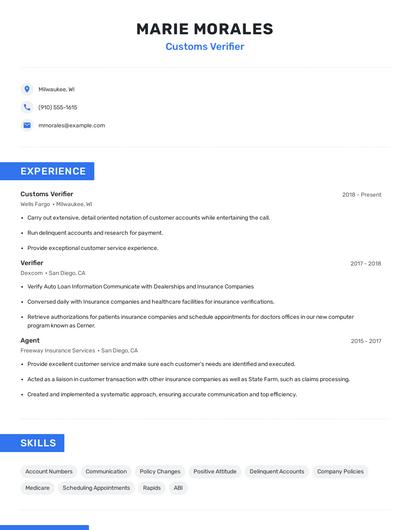 Customs Verifier Resume