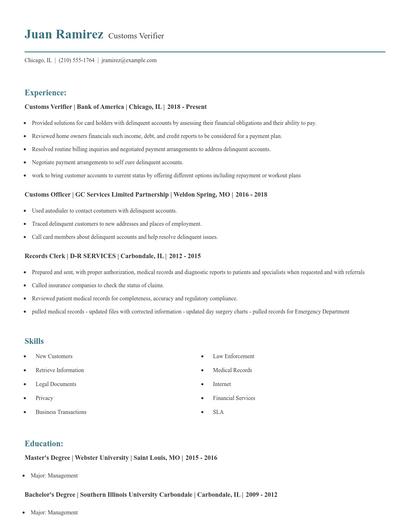 Customs Verifier Resume