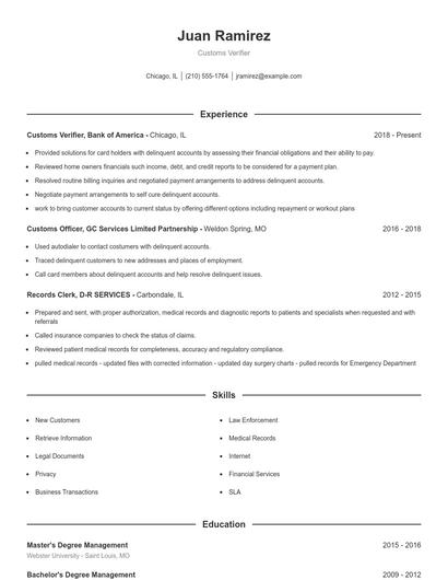Customs Verifier Resume