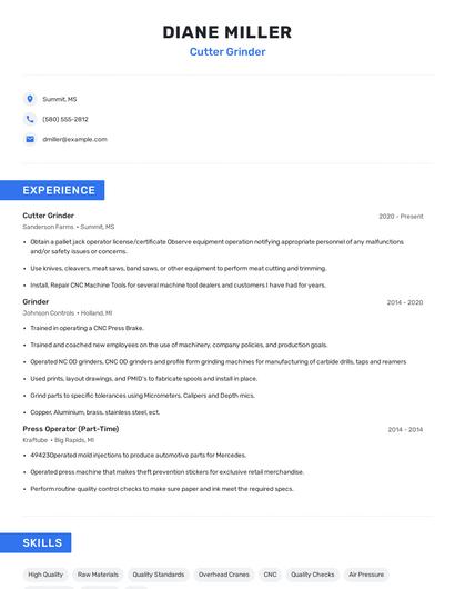 Cutter Grinder Resume