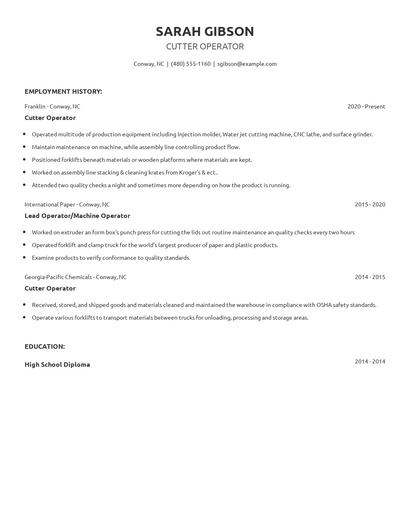 Cutter Operator Resume