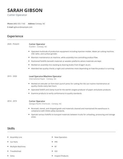 Cutter Operator Resume