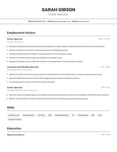 Cutter Operator Resume