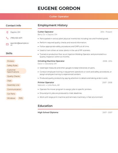 Cutter Operator Resume