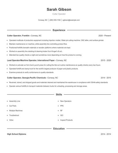 Cutter Operator Resume