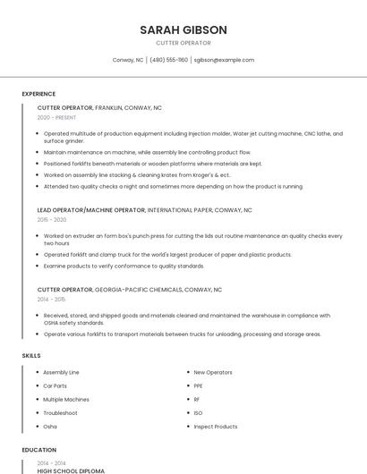 Cutter Operator Resume