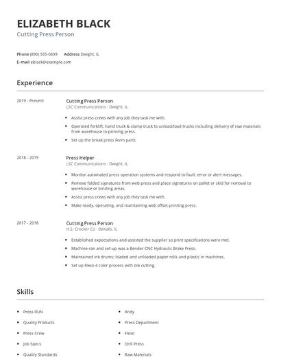 Cutting Press Person Resume