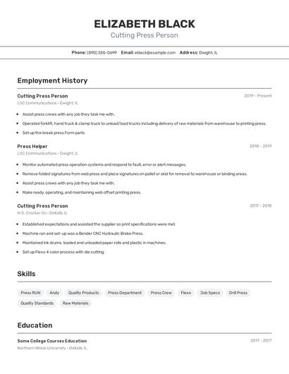 Cutting Press Person Resume
