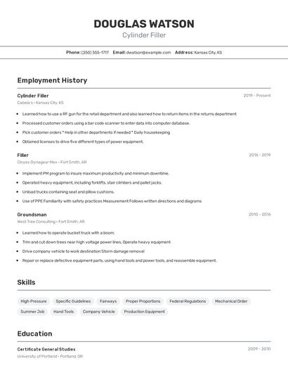 Cylinder Filler Resume