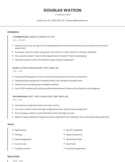 Cylinder Filler Resume