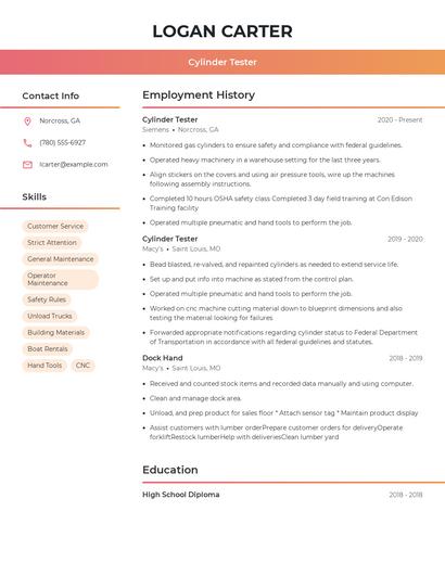 Cylinder Tester Resume